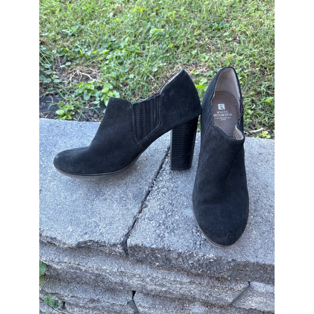 White Mountain Senta Black Suede Leather Block Heel Ankle Booties W23341 Size 9M